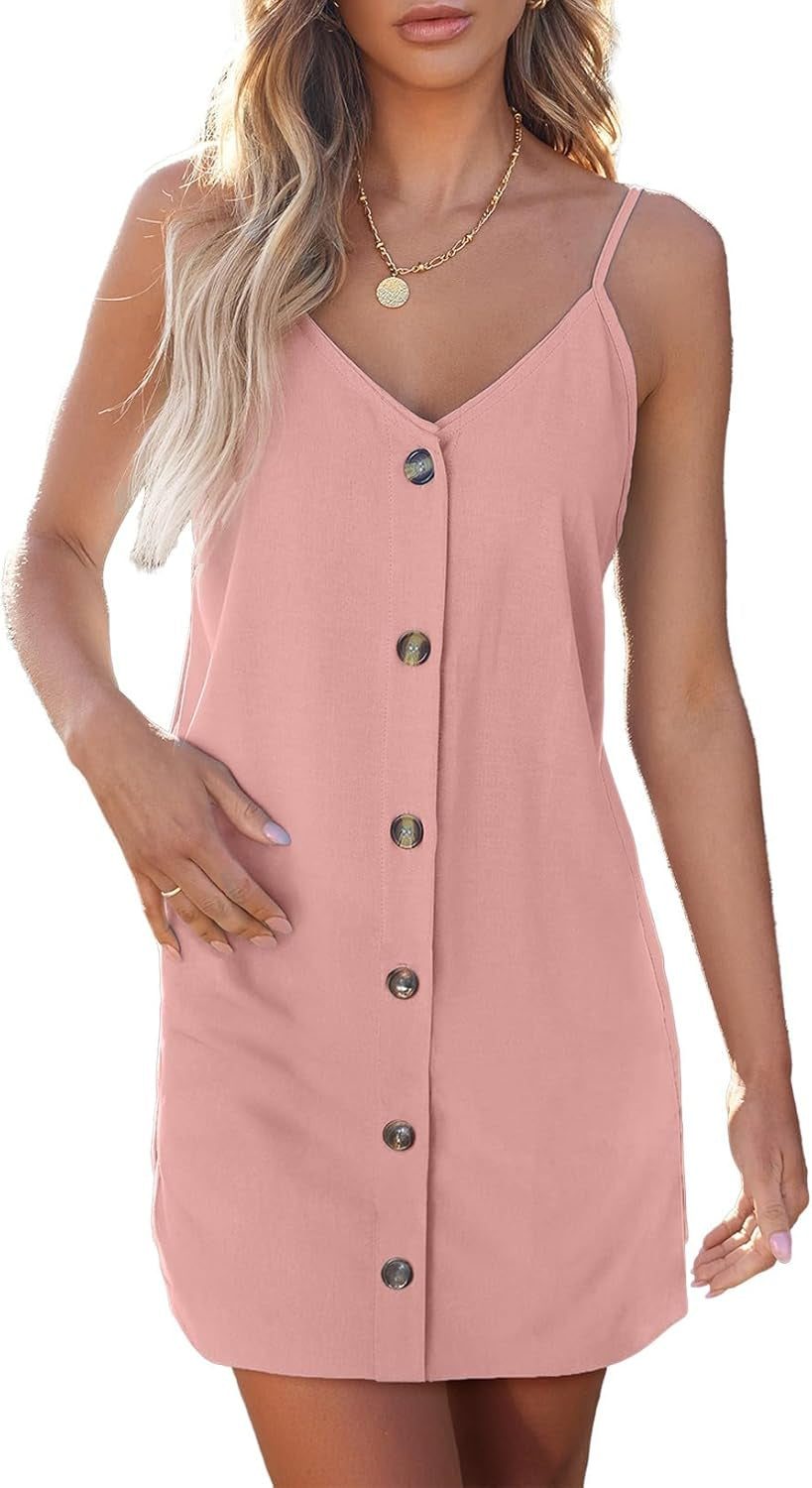 Women Summer Dresses 2024 Strappy Button V Neck Sleeveless Beach Sundress Casual Swing a Line Short Mini Dress