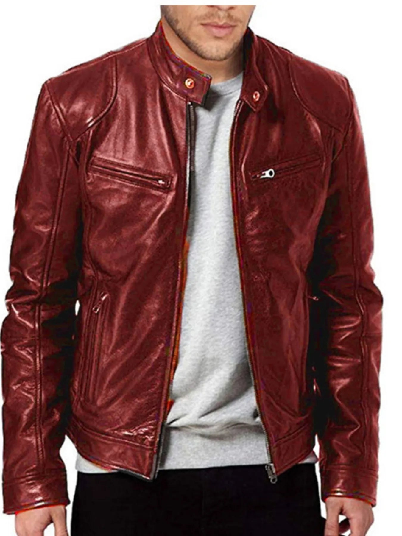 Men’s black PU leather jacket with zipper, pockets, and long sleeves – available in sizes XS to 2XL”