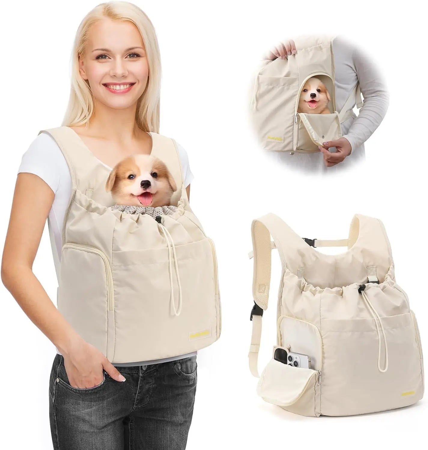 Dog Front Carrier Backpack, Adjustable Pet Dog Carrier Backpack Ventilated Mesh Dog Travel Backpack with Zippered Side Windows for Hiking Traveling for Small Medium Cats Dogs (Max 13 Lbs)