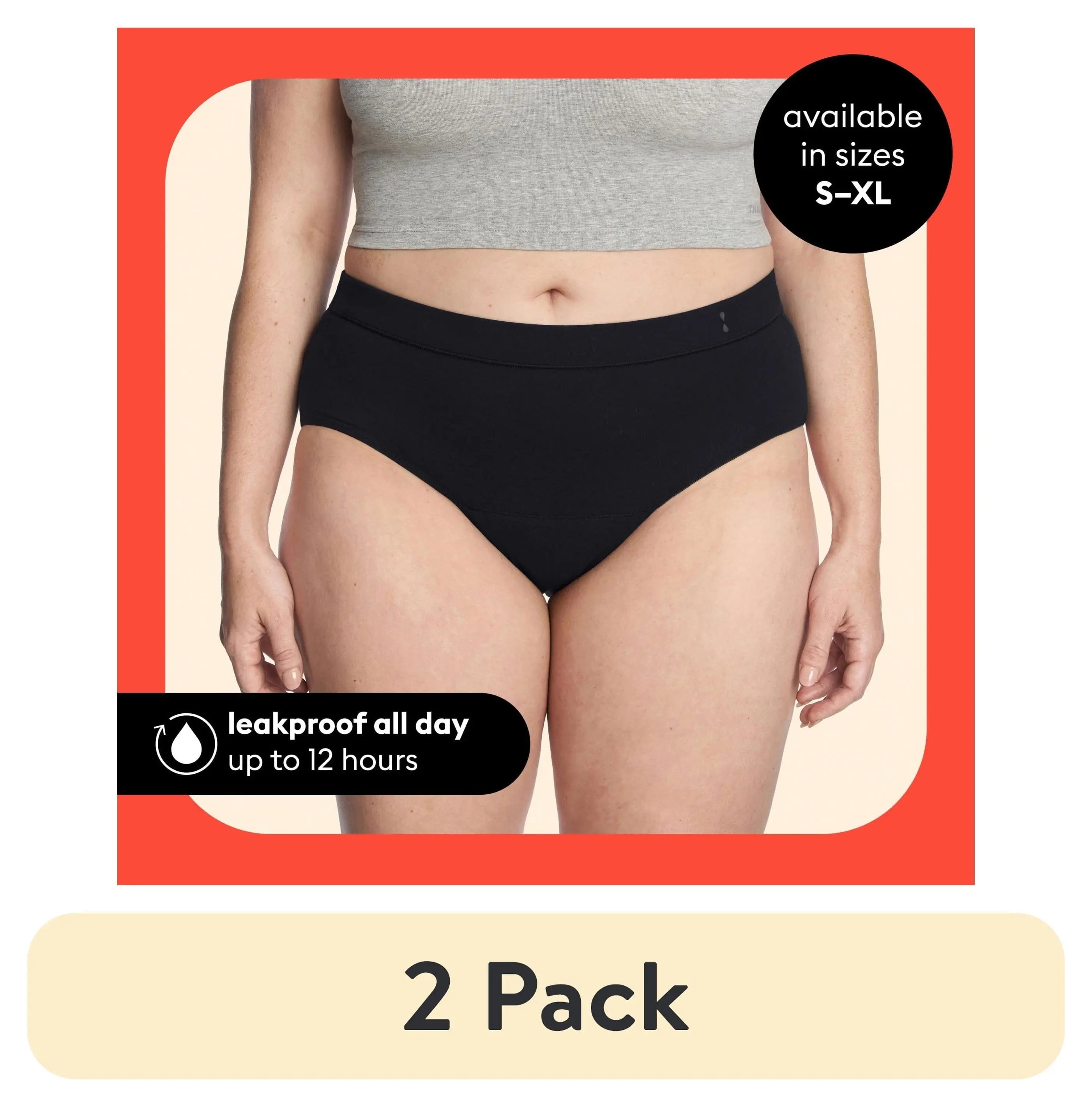 (2 Pack)  for All Women'S Everyday Comfort Brief Leakproof Period Underwear, Size Large, Black