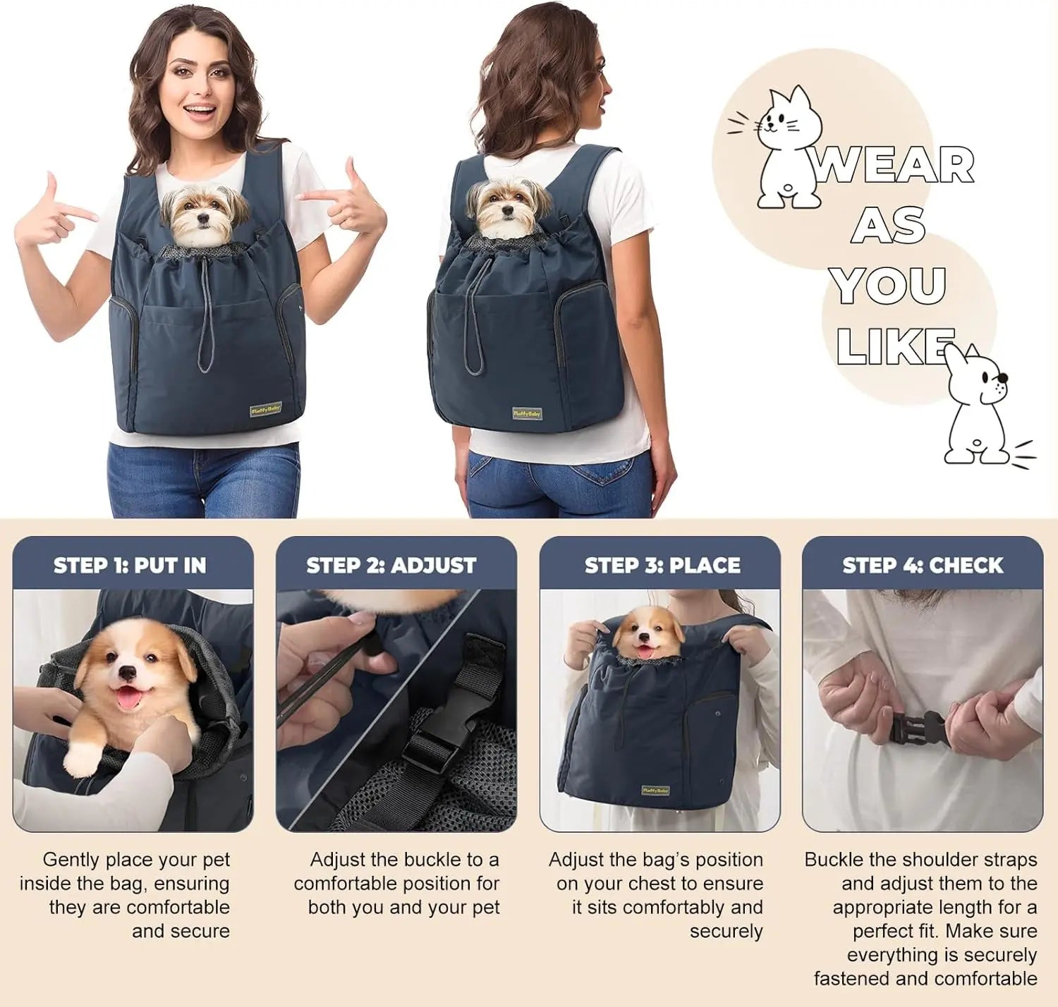 Dog Front Carrier Backpack, Adjustable Pet Dog Carrier Backpack Ventilated Mesh Dog Travel Backpack with Zippered Side Windows for Hiking Traveling for Small Medium Cats Dogs (Max 13 Lbs)