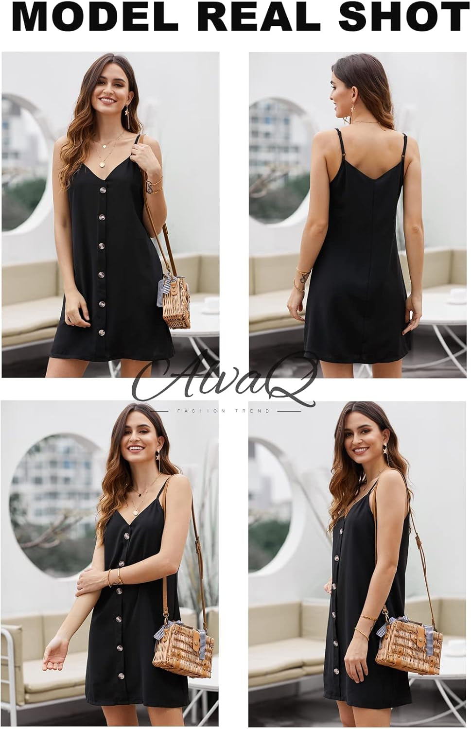Women Summer Dresses 2024 Strappy Button V Neck Sleeveless Beach Sundress Casual Swing a Line Short Mini Dress