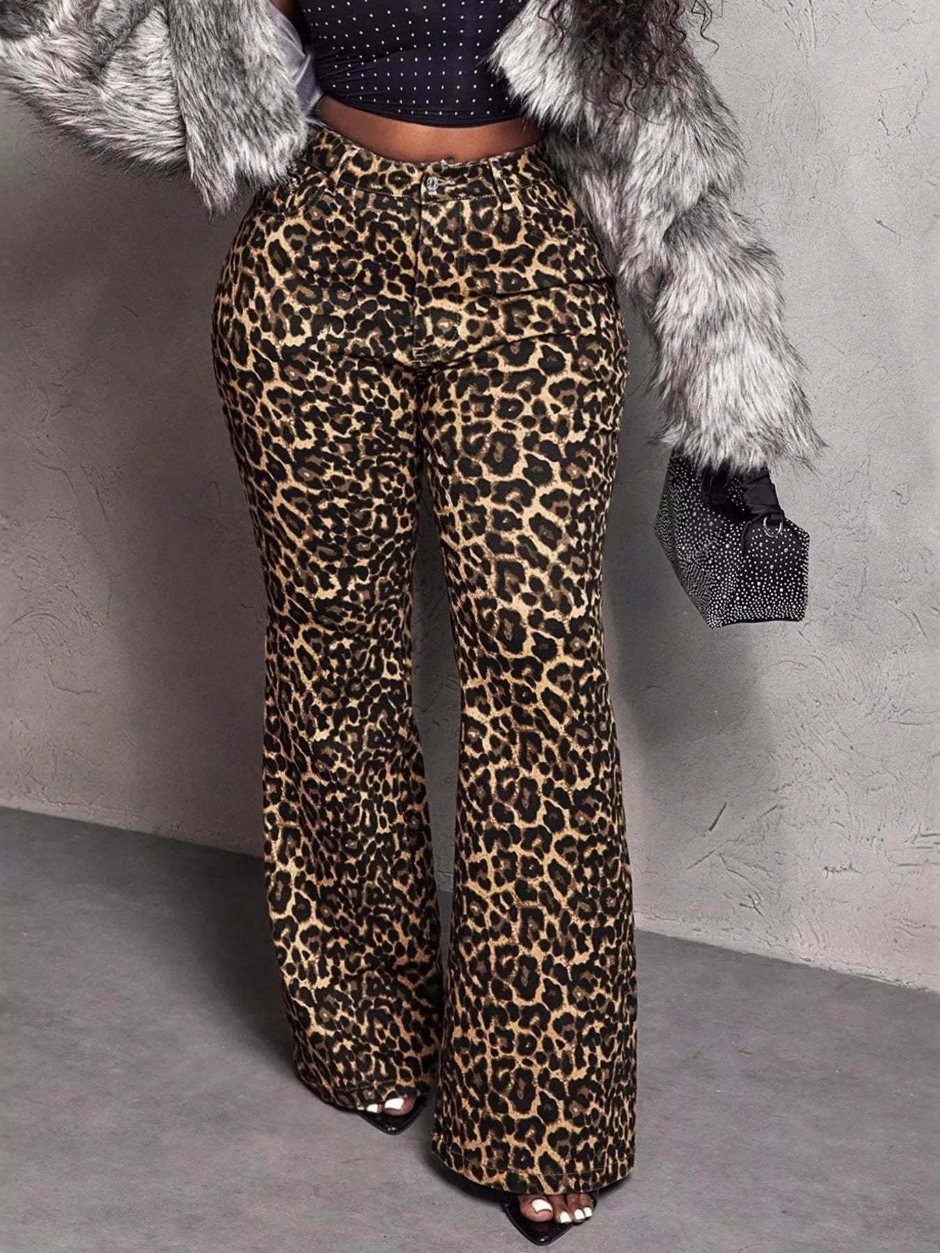 Women’s wide-leg leopard print pants with slight stretch, cotton blend fabric, and inclusive sizing from S to XL”