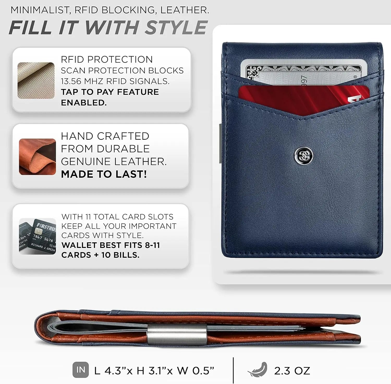 Leather Slim Wallets for Men. Wallet Card Holder with Money Clip. Low Profile RFID Wallet Minimalist Wallet