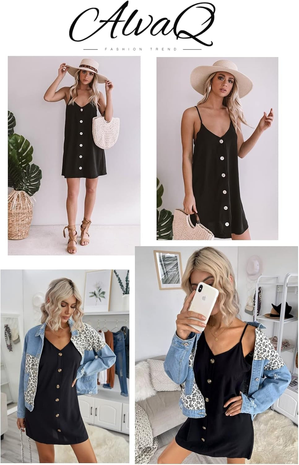 Women Summer Dresses 2024 Strappy Button V Neck Sleeveless Beach Sundress Casual Swing a Line Short Mini Dress