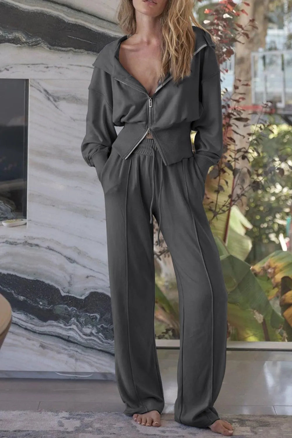 Women’s two-piece zip-up hoodie and pants set with drawstring, made from soft stretchy blend, available in sizes S to 2XL”