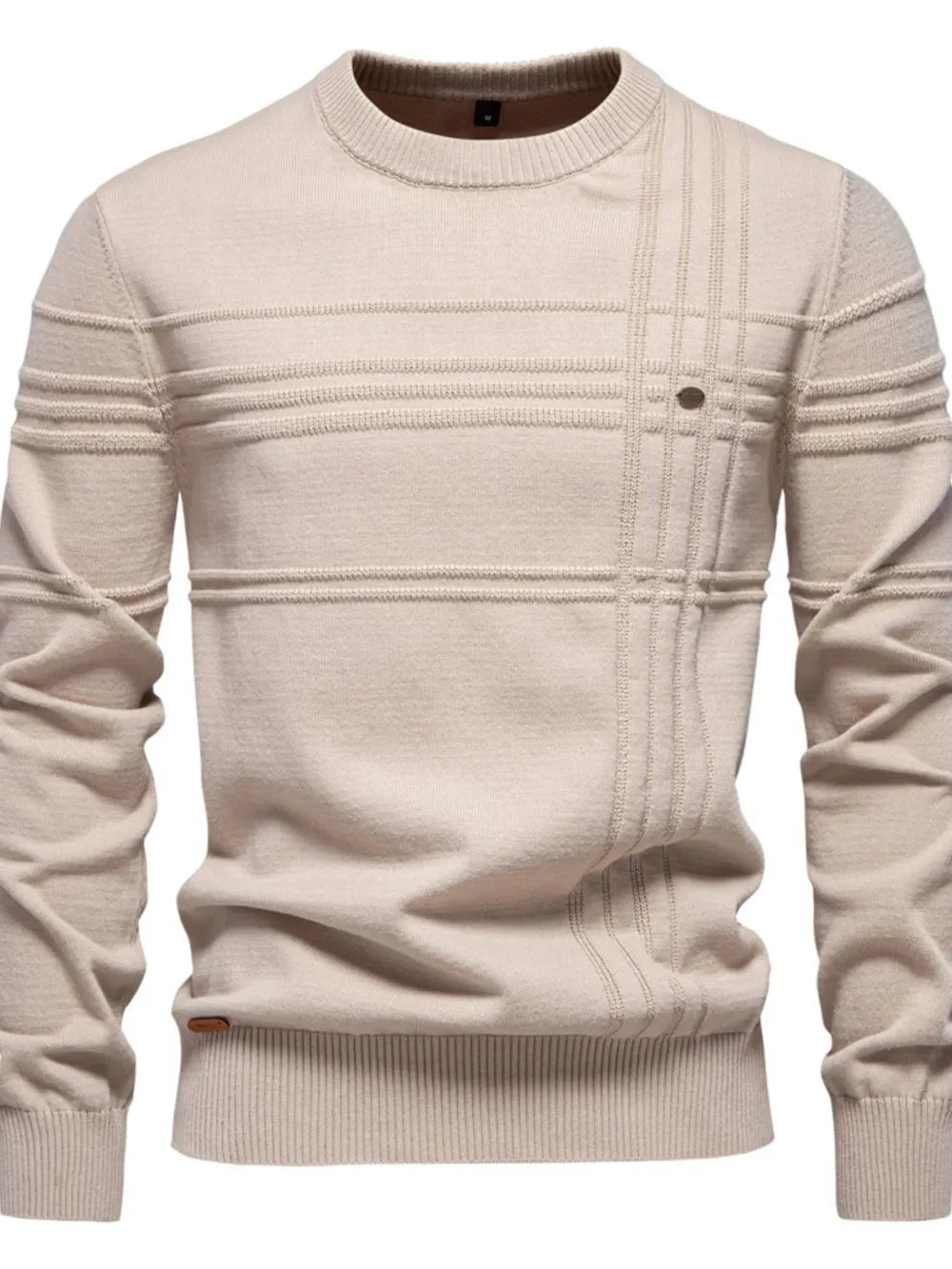 Men’s round neck striped sweater with moderate stretch, made from cotton-elastane blend, available in sizes S to 2XL”