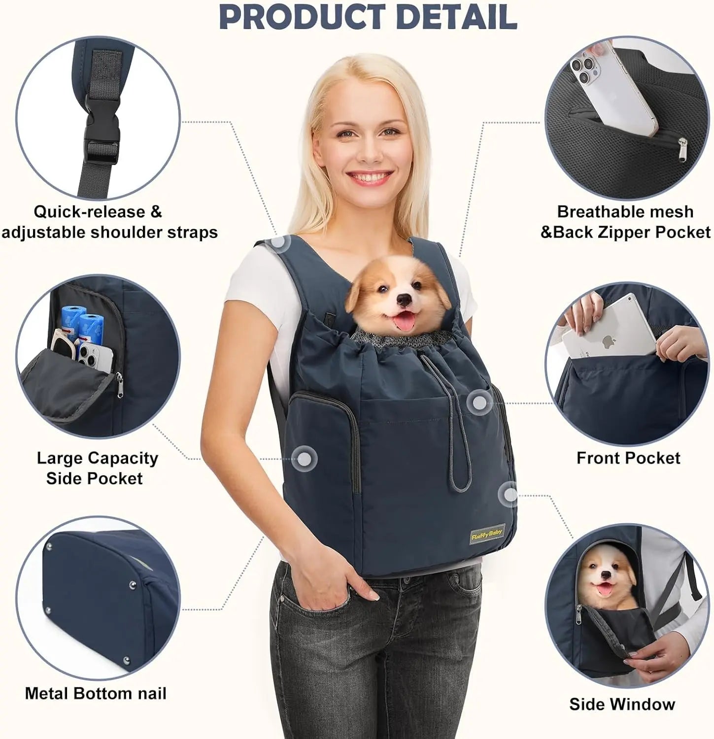 Dog Front Carrier Backpack, Adjustable Pet Dog Carrier Backpack Ventilated Mesh Dog Travel Backpack with Zippered Side Windows for Hiking Traveling for Small Medium Cats Dogs (Max 13 Lbs)