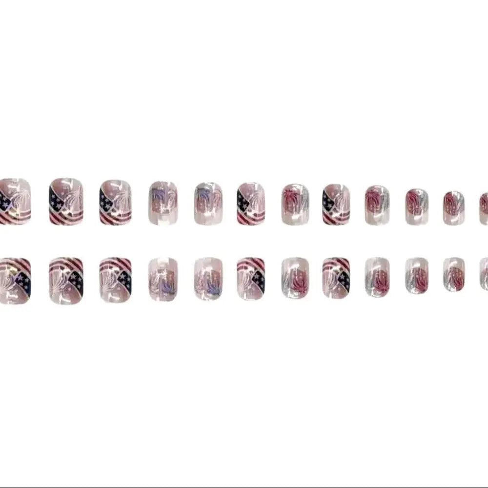 24Pcs Independence Day French Tip Press-On Nails – Short Square | American Flag, Fireworks, Chrome Red & Blue | Patriotic Acrylic Nails Dias Dazzling Discoveries