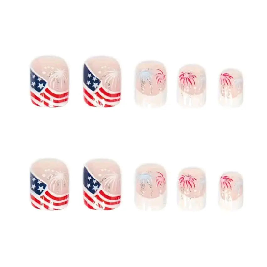 24Pcs Independence Day French Tip Press-On Nails – Short Square | American Flag, Fireworks, Chrome Red & Blue | Patriotic Acrylic Nails Dias Dazzling Discoveries