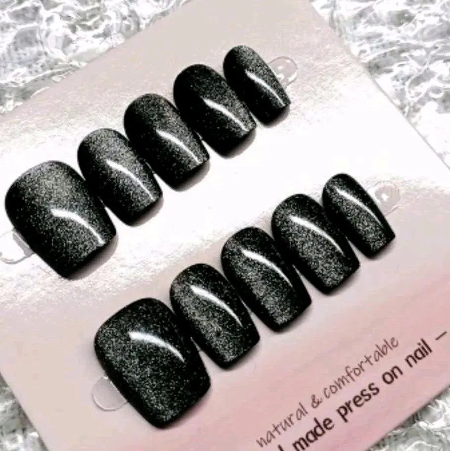 Black Oval Press-On False Nails - Short-Glossy/Solid Color with Cat Eye Glitter - Handmade, Reusable Nail Set for Colorful Salon Manicure DIY Style Dias Dazzling Discoveries