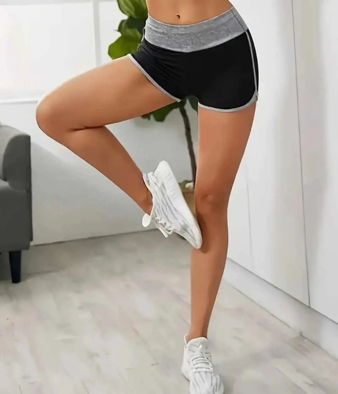 Women's High-Waist Butt-Lifting Yoga Shorts, Breathable Polyester/Spandex Blend, Grey Contrasting Waistband, Slimming Fit, Machine Washable feather  gym  outfit sports  bar  outfit solid workout athletic Dias Dazzling Discoveries