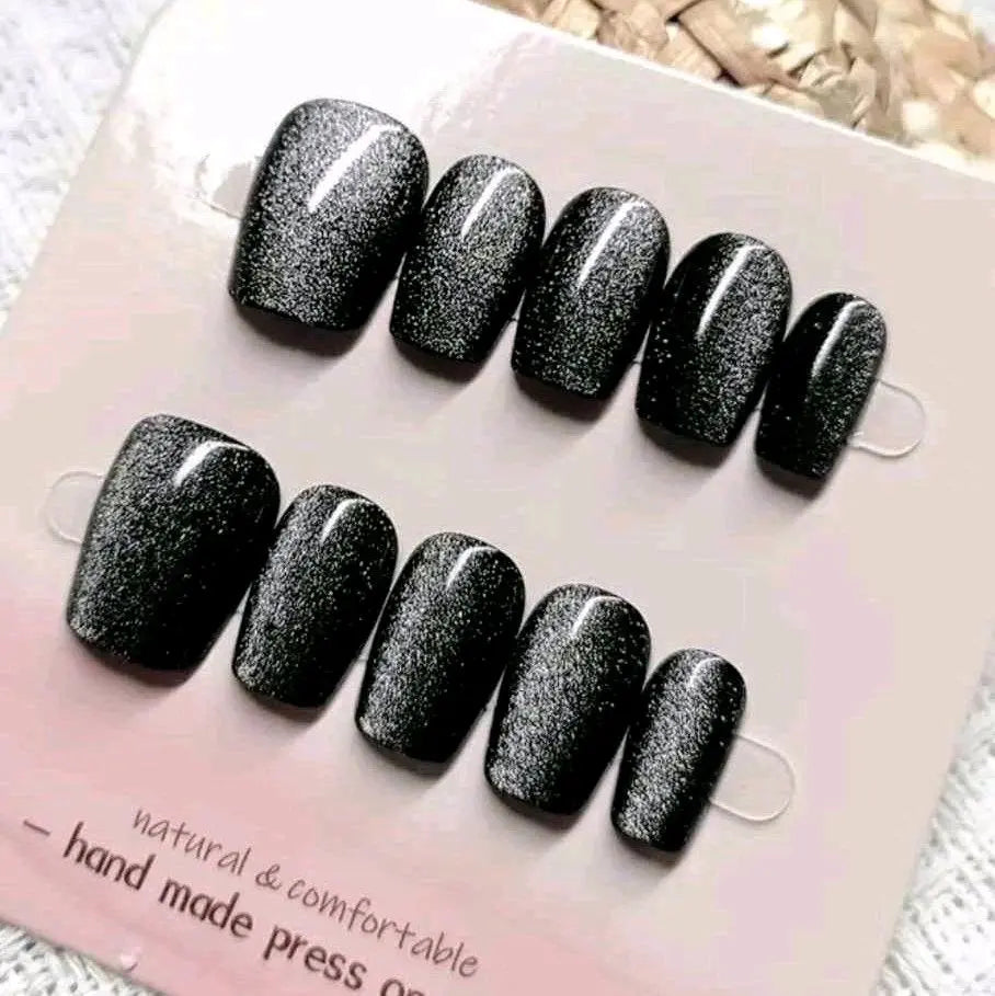 Black Oval Press-On False Nails - Short-Glossy/Solid Color with Cat Eye Glitter - Handmade, Reusable Nail Set for Colorful Salon Manicure DIY Style Dias Dazzling Discoveries