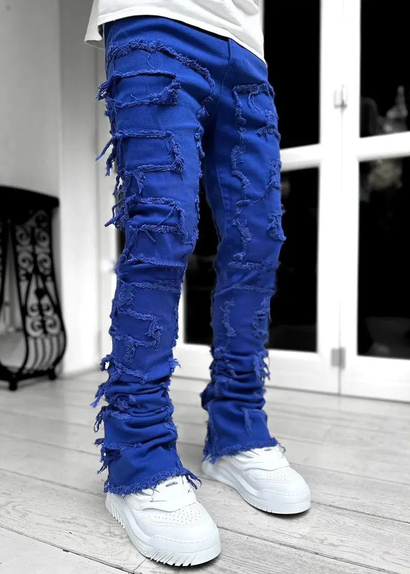 Men’s Fringed Ripped Stacked Jeans — Trendy Patched Slim Fit Trousers Trendsi