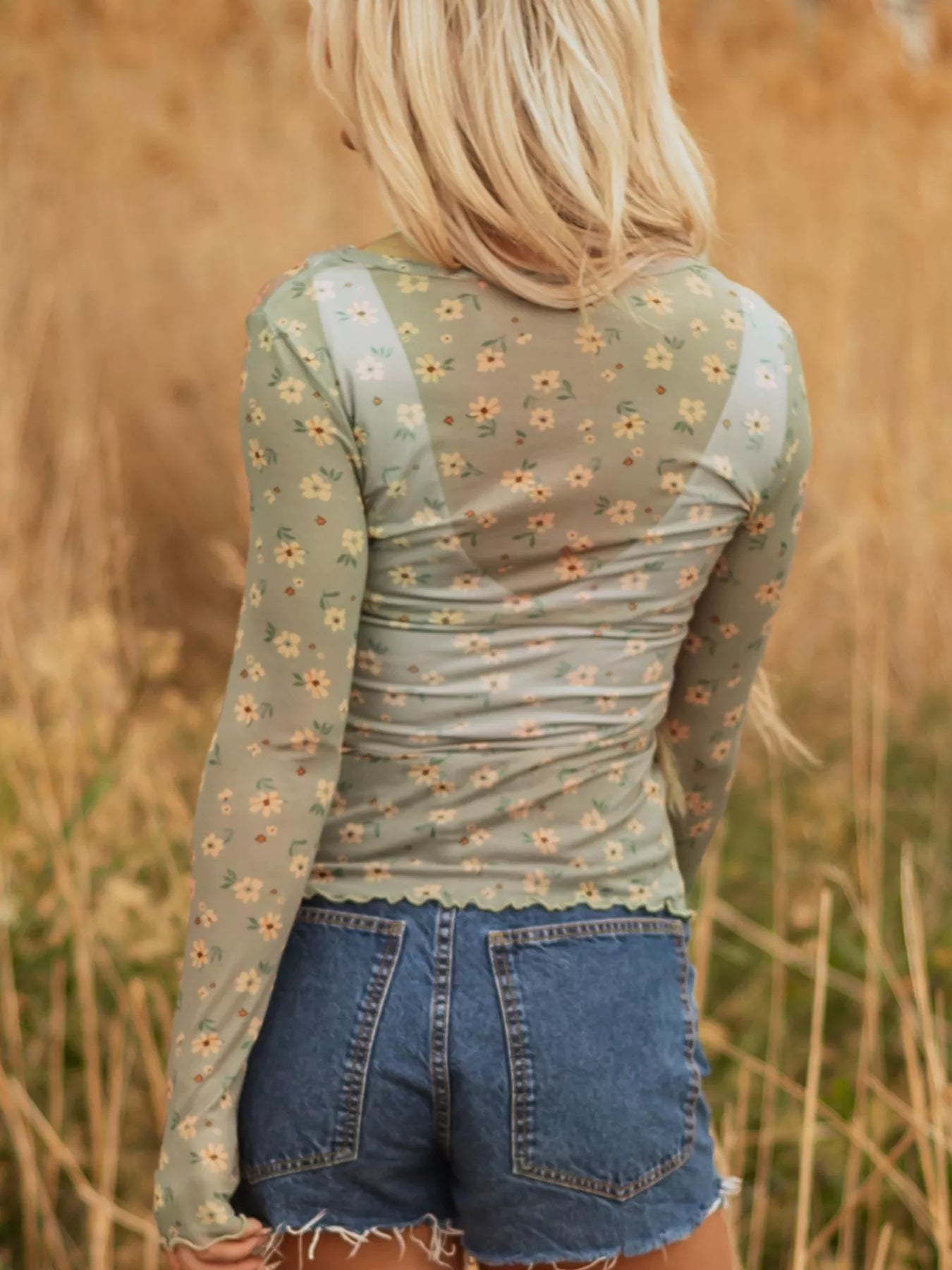 Floral Print Mesh Long Sleeve Top