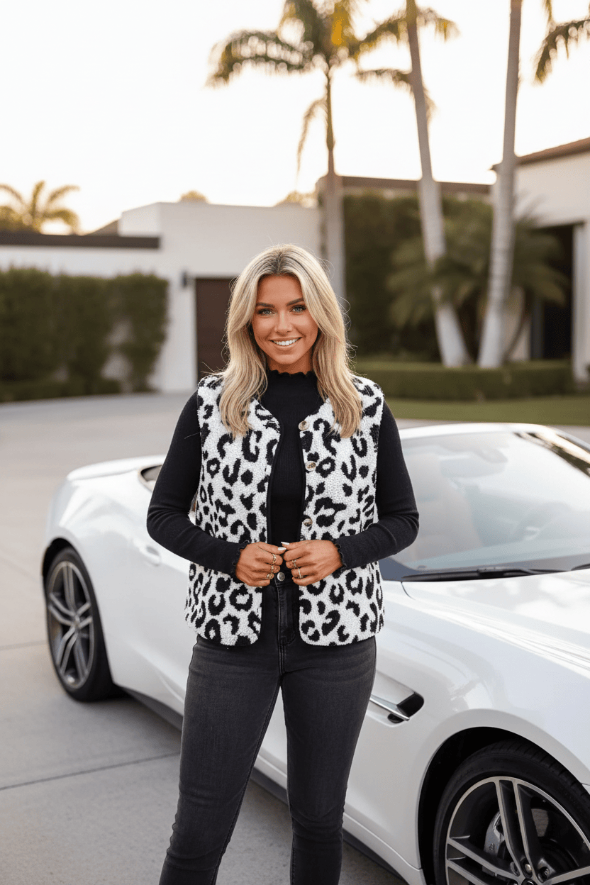 Leopard Print Sherpa Fleece Vest Coat Leopard Print Sherpa Fleece Vest Coat