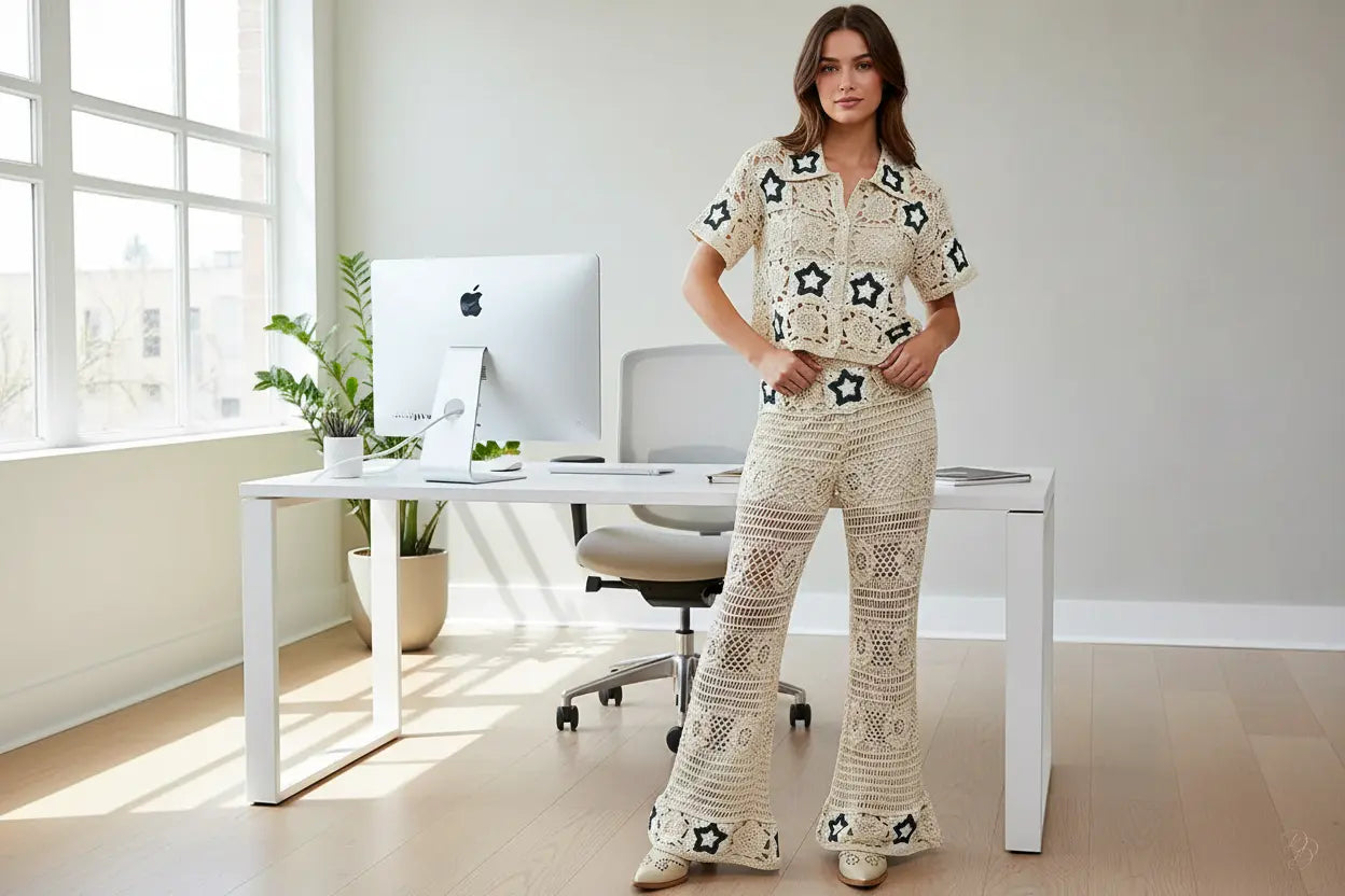 Openwork Crochet Flare Pants with Contrast Star Trendsi