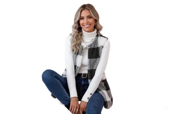 Sherpa Plaid Open Front Vest Coat Sherpa Plaid Open Front Vest Coat - Dias Dazzling Discoveries