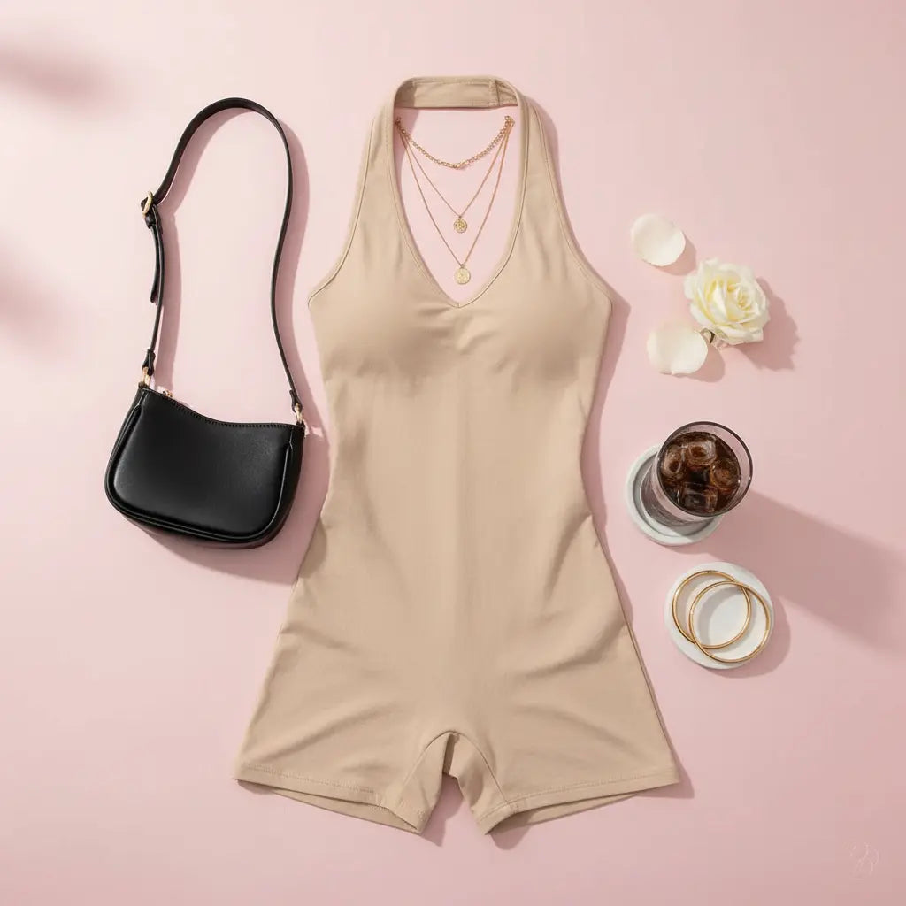 💪 Halter Neck Ribbed Athletic Romper – Sculpted Style, Seamless Moves Trendsi