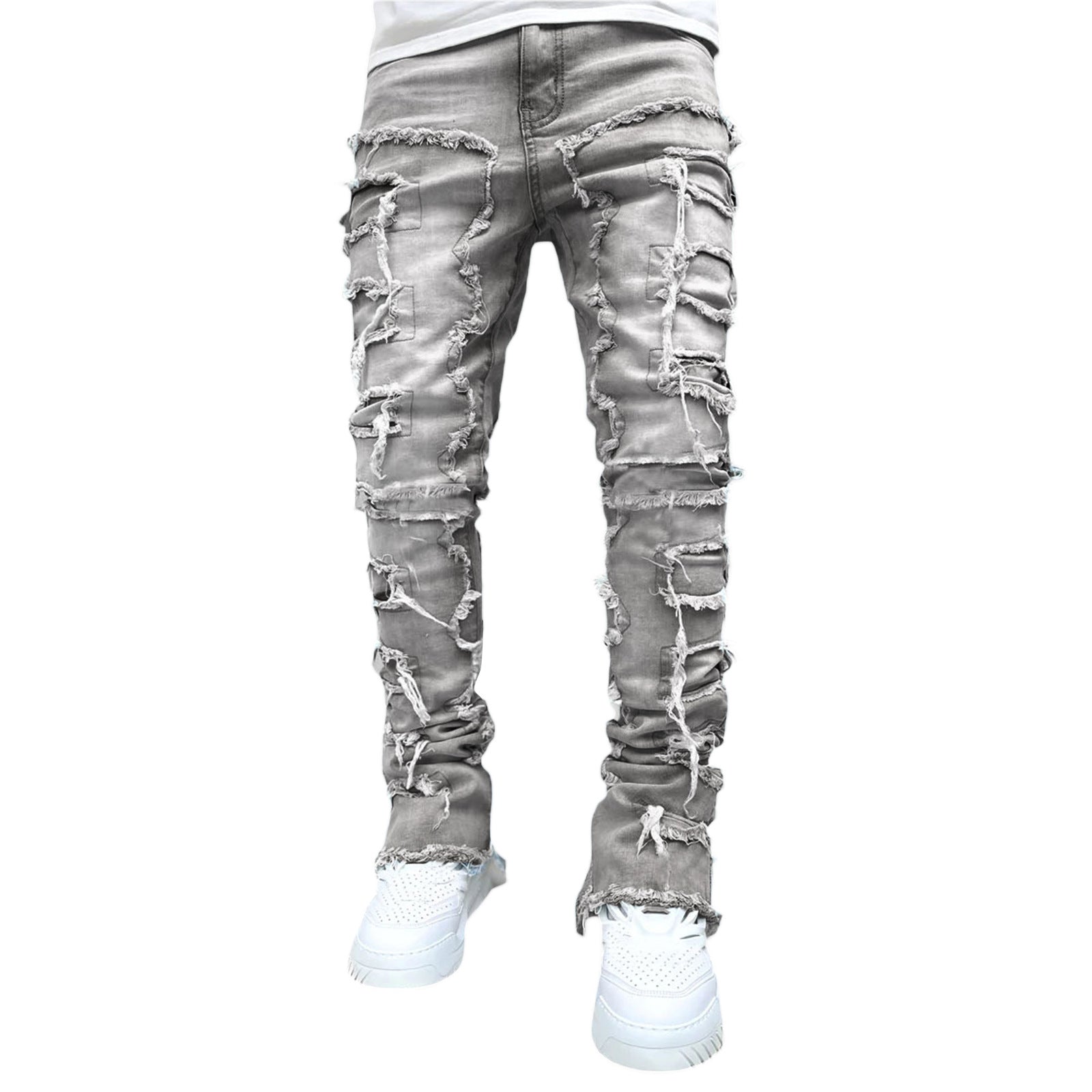 Men’s Fringed Ripped Stacked Jeans — Trendy Patched Slim Fit Trousers Dias Dazzling Discoveries