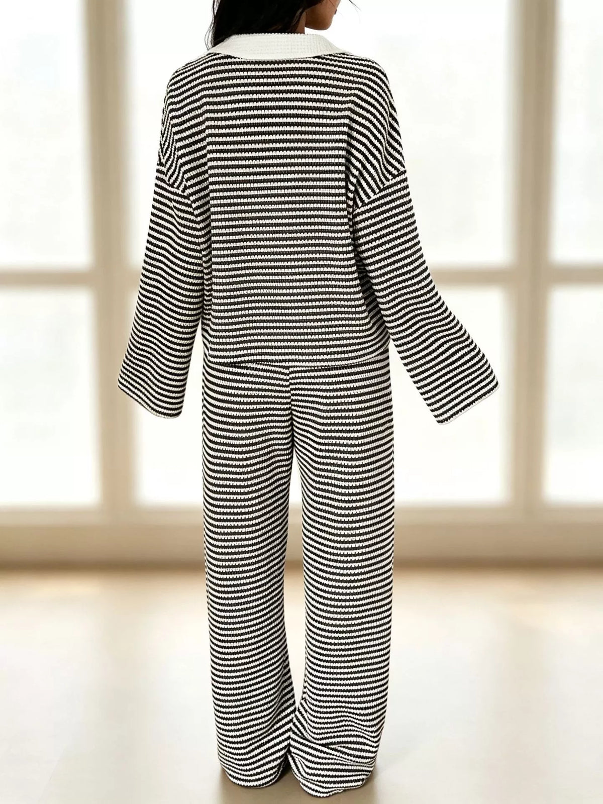 Striped Long Sleeve Polo and Wide-Leg Pants Set Striped Long Sleeve Polo and Wide-Leg Pants Set