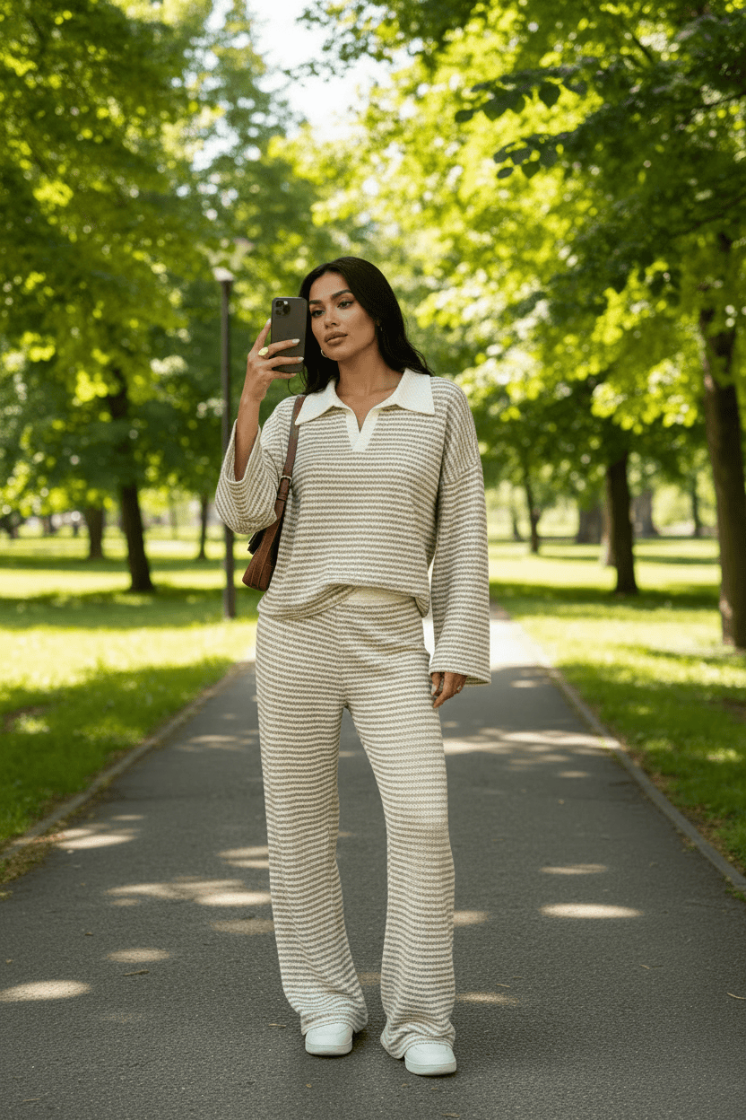 Striped Long Sleeve Polo and Wide-Leg Pants Set Striped Long Sleeve Polo and Wide-Leg Pants Set
