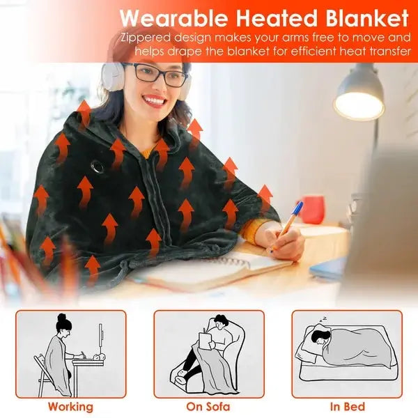 Heated Wearable Poncho Blanket - Washable Electric Wrap for Home & Office CJ