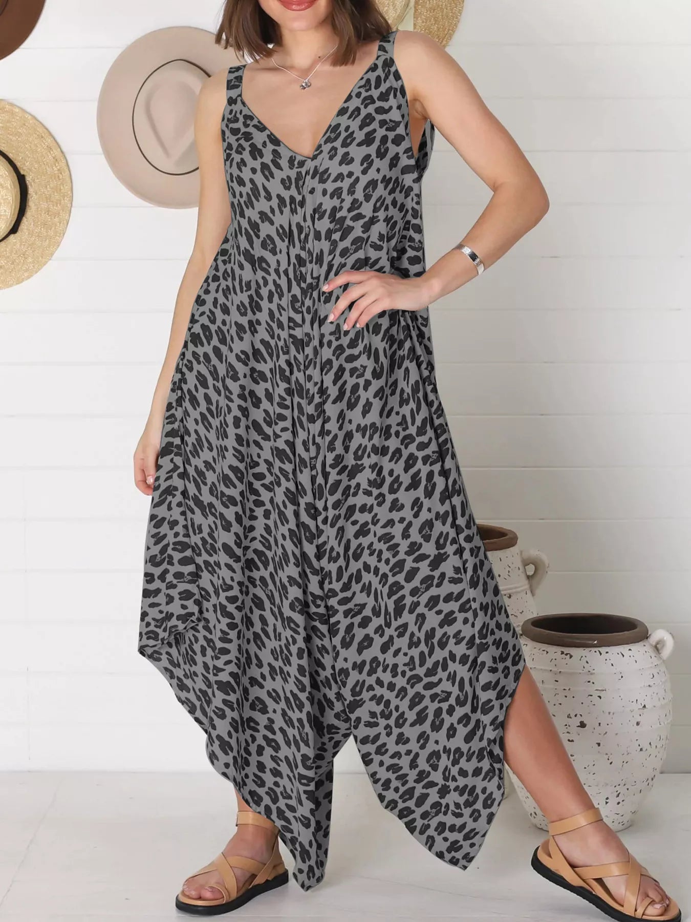 Full Size Leopard Print V-Neck Wide Leg Jumpsuit Plus Size