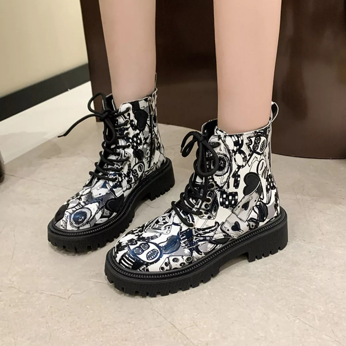 Graffiti Print Combat Boots with Colorful Street Art Design