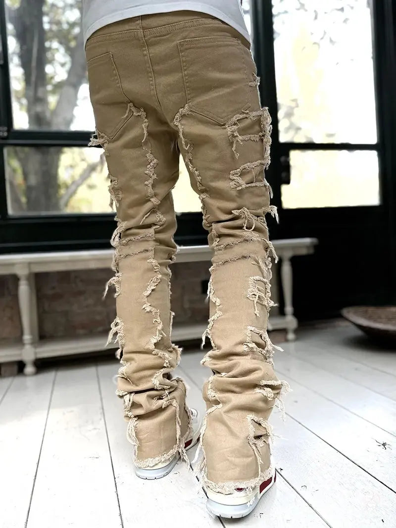 Men’s Fringed Ripped Stacked Jeans — Trendy Patched Slim Fit Trousers Trendsi