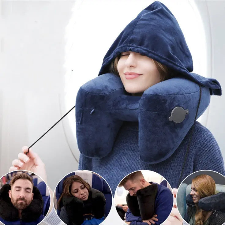 The Dazzling Comfort Traveler: H-Shaped Inflatable Neck Pillow with Optional Hood Puracy
