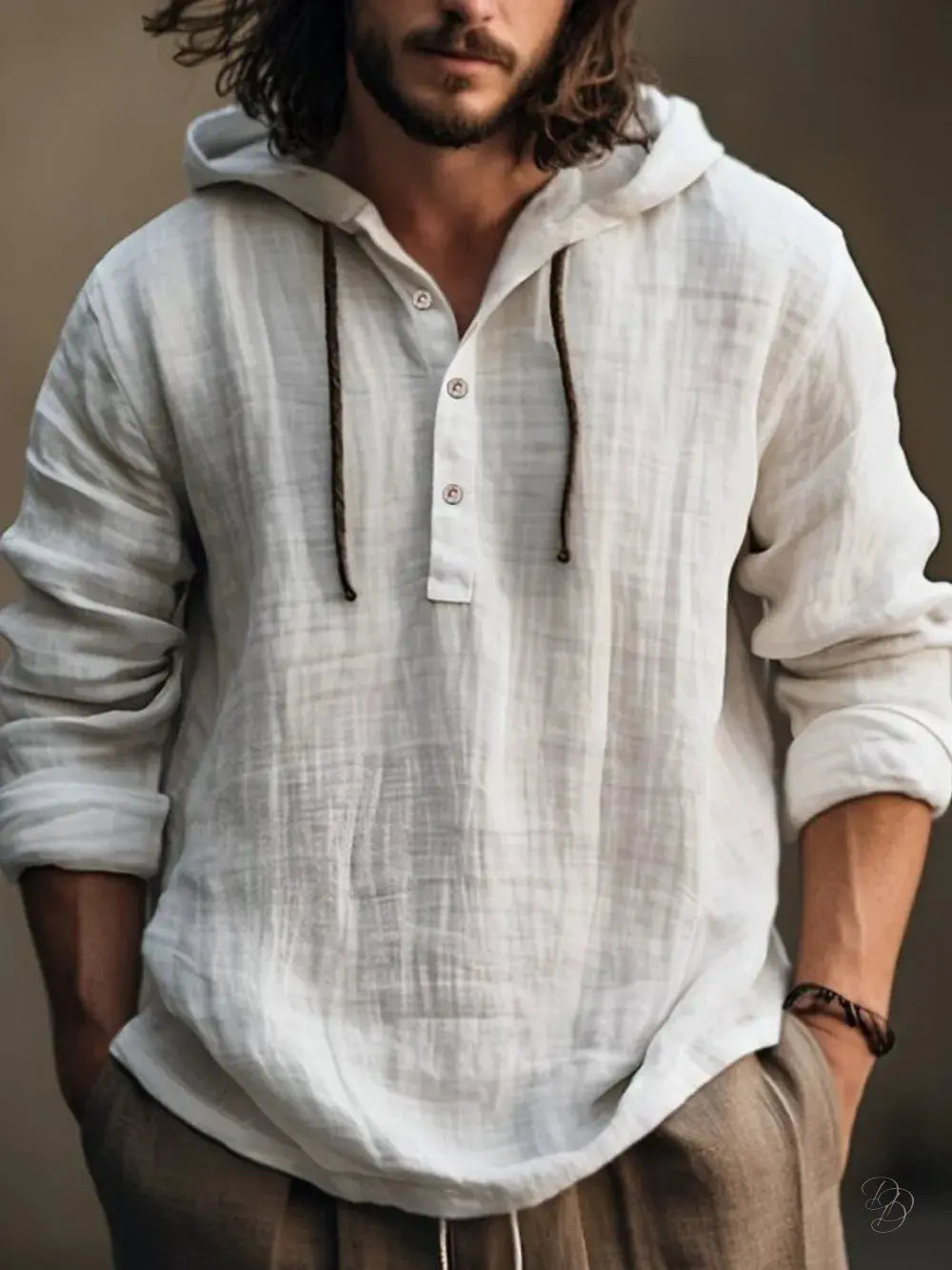 “Men’s full-size half-button long sleeve hoodie in 100% cotton, available in sizes S to 3XL”