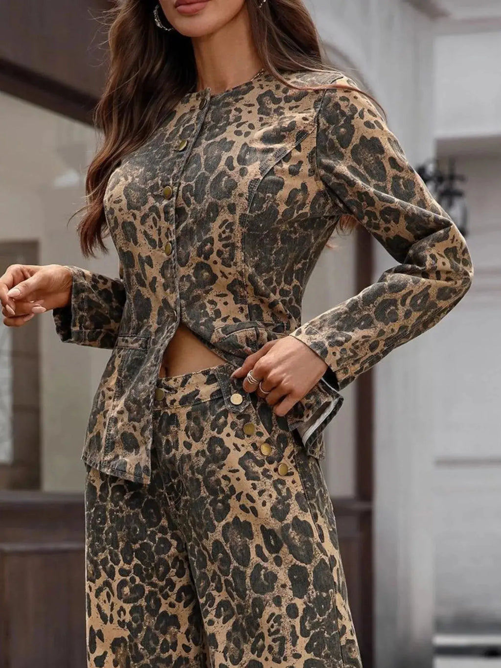 person wearing a leopard print outfit in an indoor setting