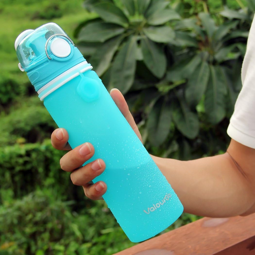 Collapsible Silicone Water Bottle - Leakproof & BPA-Free - 21 oz, Aqua Blue