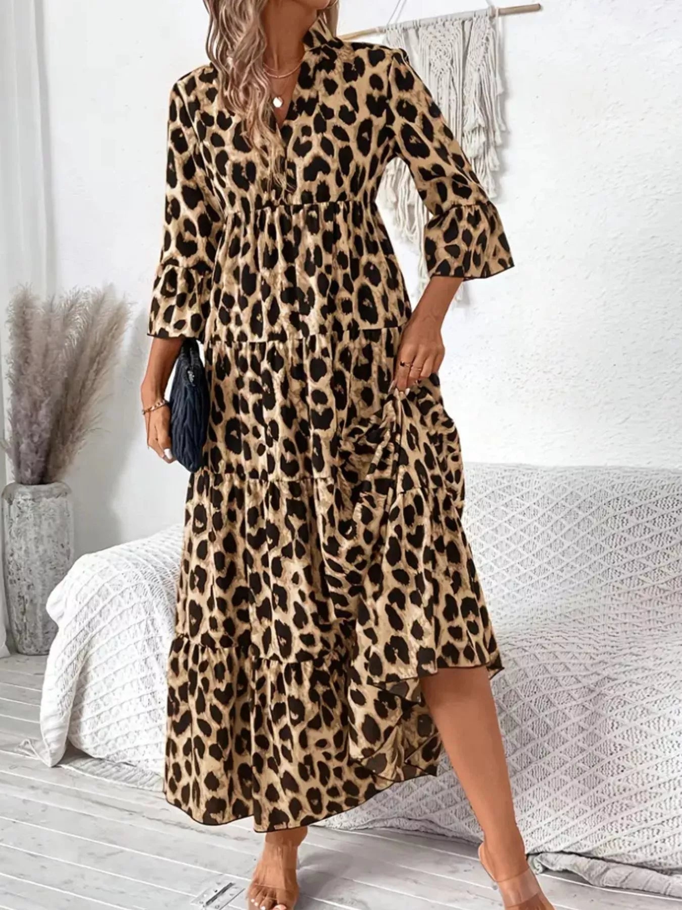 🐆 Leopard 3/4 Midi Dress – Ruched, Wild, and Ready to Dazzle