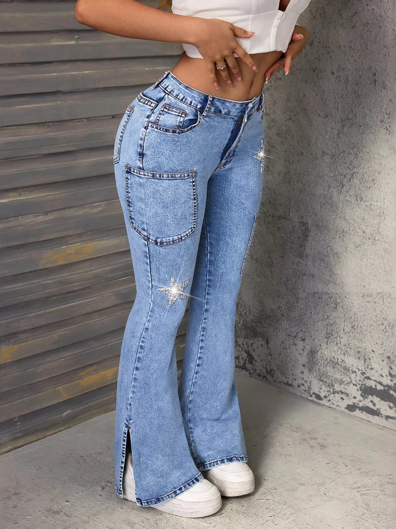 Slit Star Flare Leg Jeans