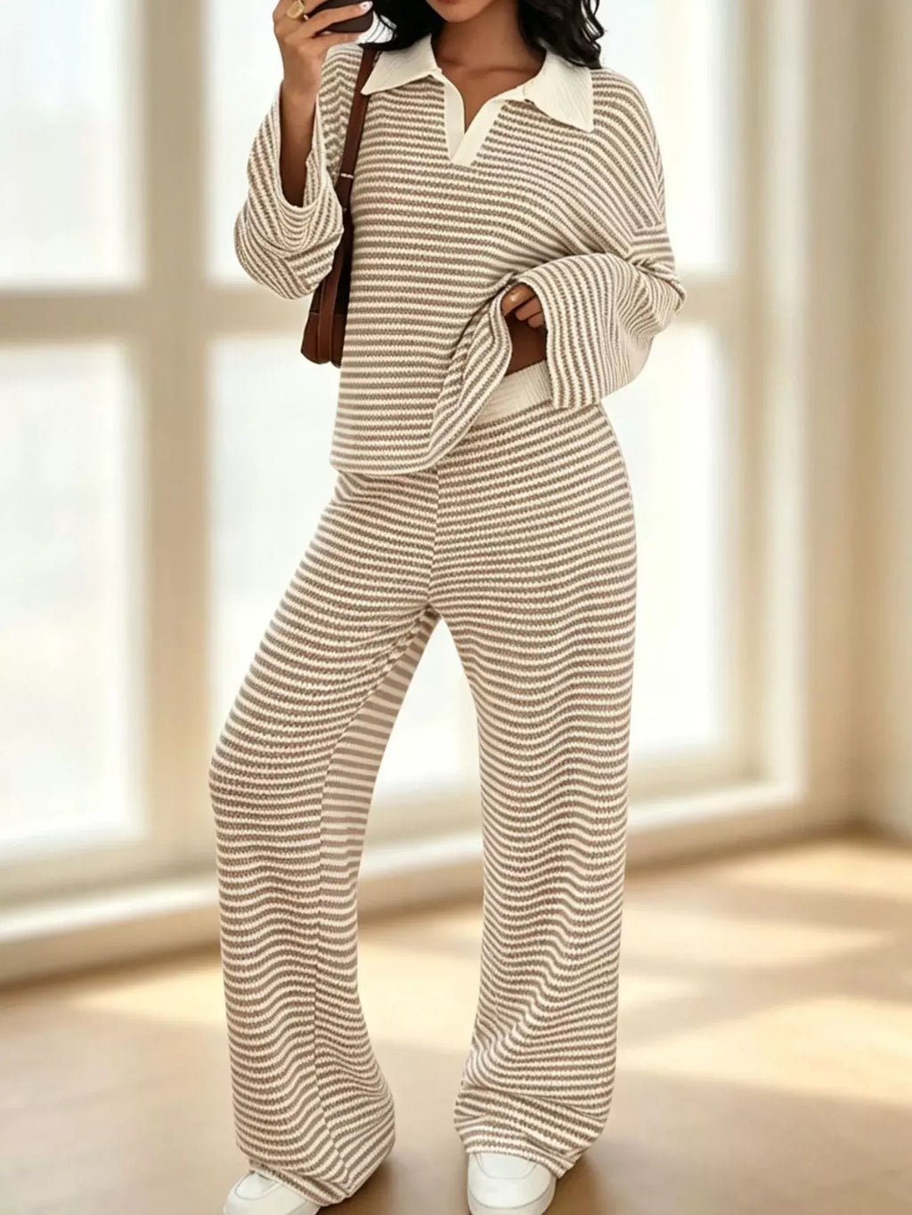 Striped Long Sleeve Polo and Wide-Leg Pants Set Striped Long Sleeve Polo and Wide-Leg Pants Set