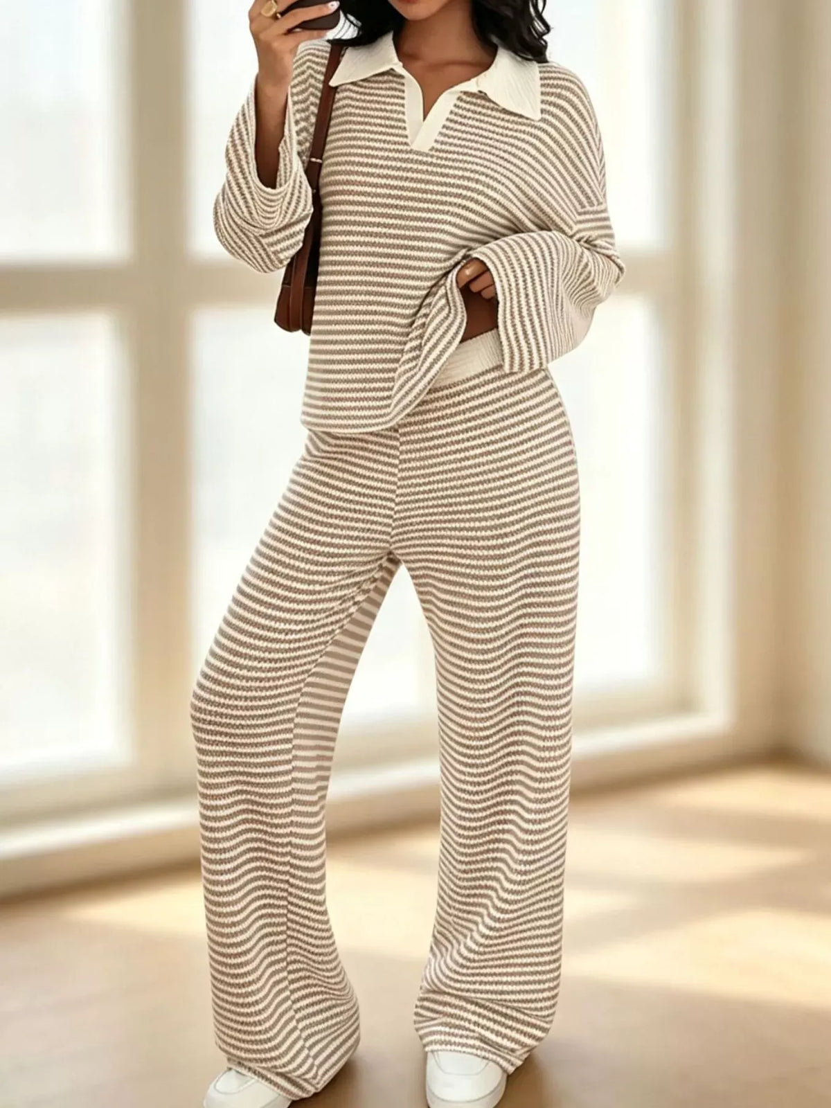 Striped Long Sleeve Polo and Wide-Leg Pants Set Striped Long Sleeve Polo and Wide-Leg Pants Set