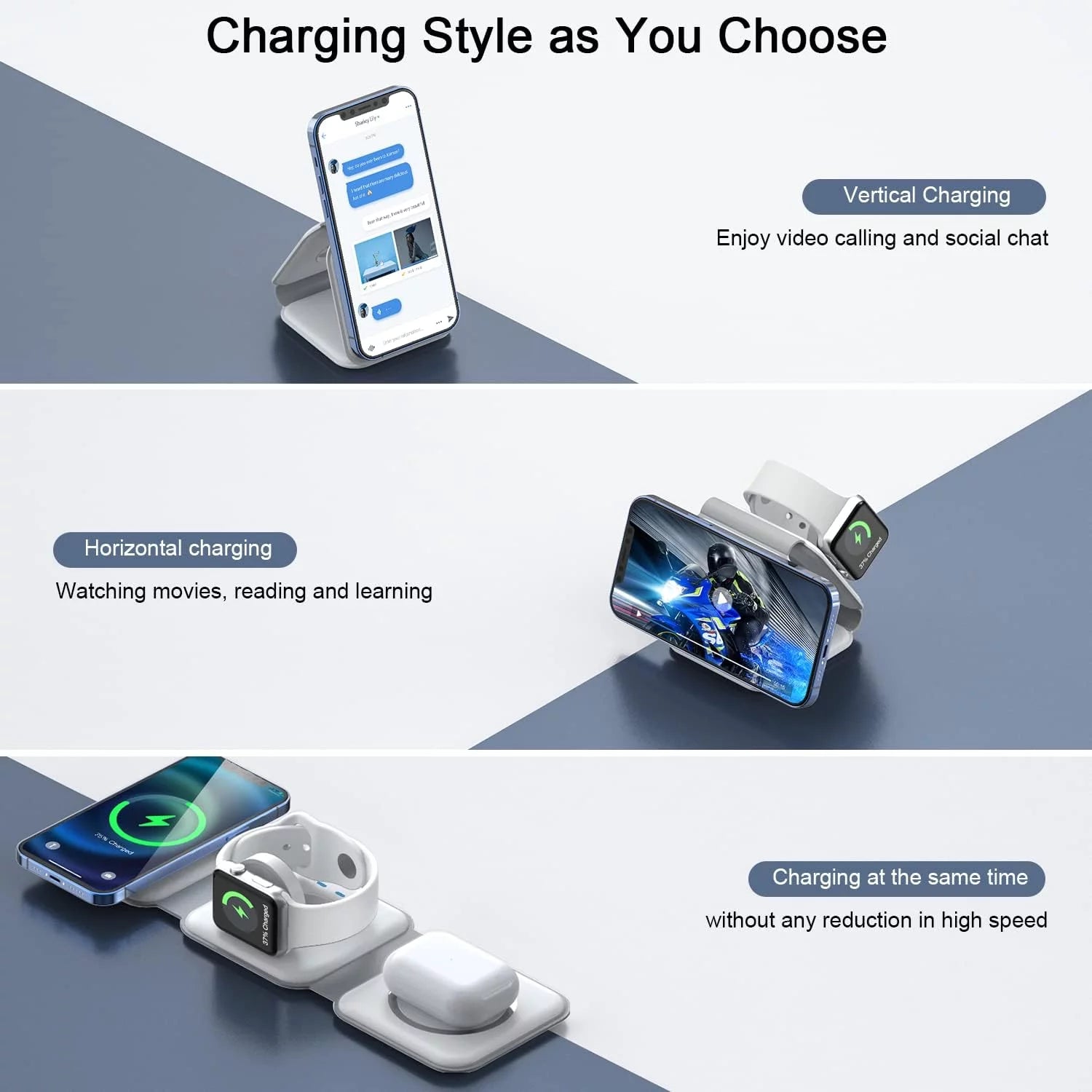 3-In-1 Wireless Charging Station, Magnetic Foldable Design Charging Station