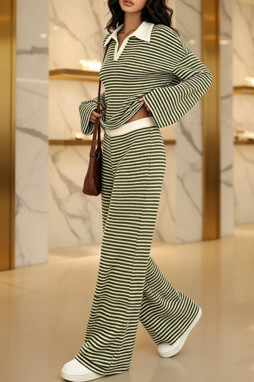 Striped Long Sleeve Polo and Wide-Leg Pants Set Striped Long Sleeve Polo and Wide-Leg Pants Set