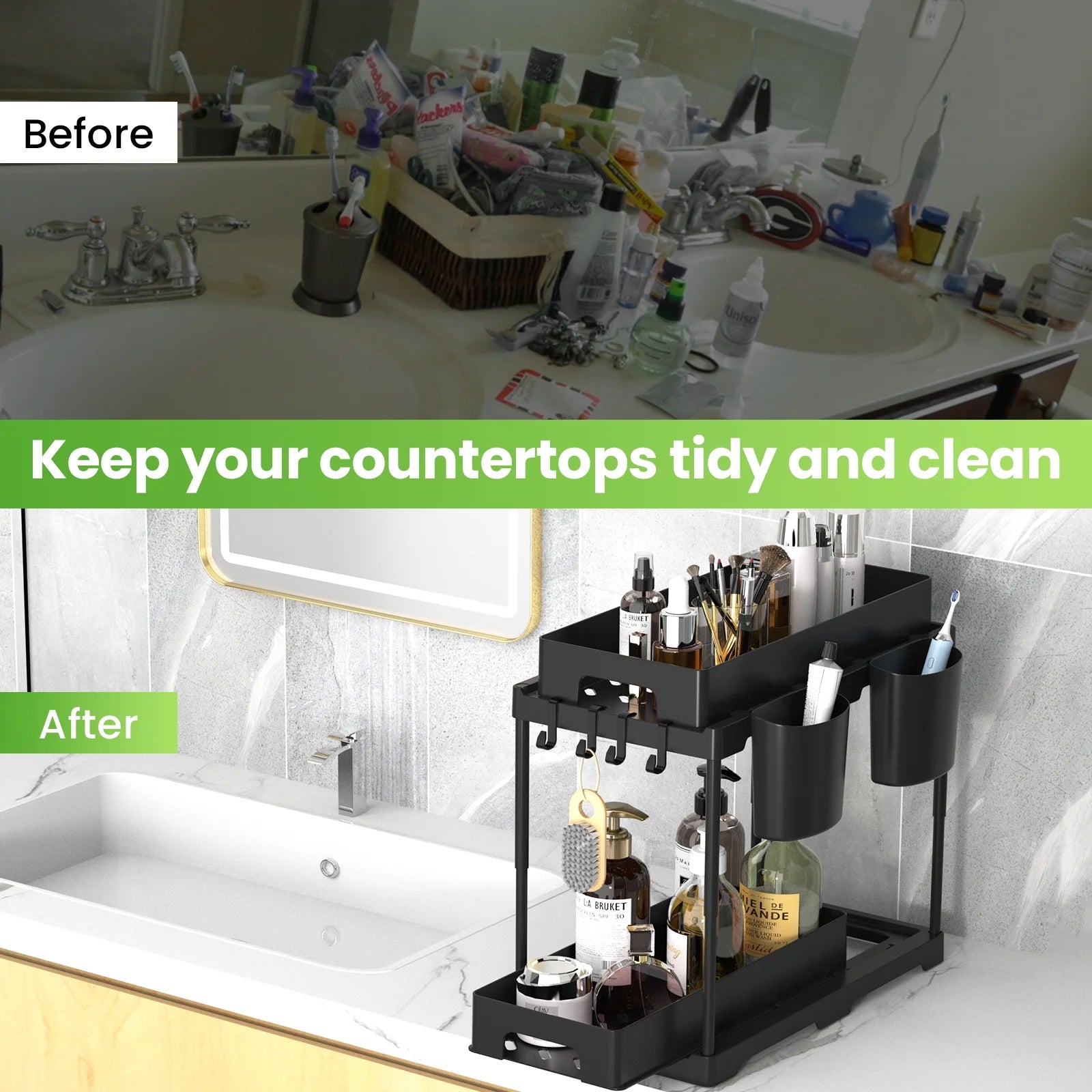 🧼 Declutter in Style – 2-Tier Under Sink Organizer with Sliding Drawers & Hooks
