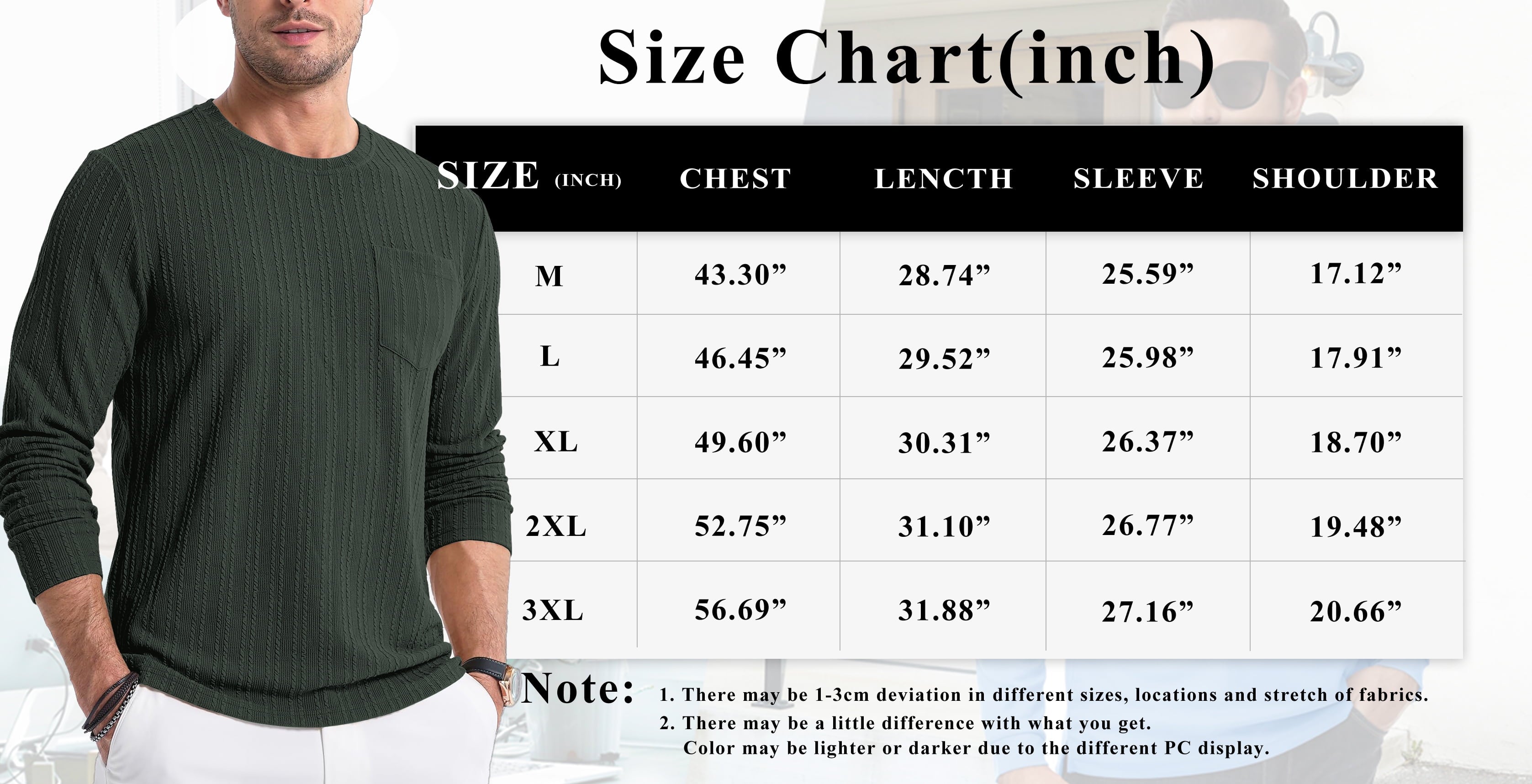 Mens Long Sleeve Shirts Crewneck Casual Tops Pullover Work Shirts Stretch Textured Knit T-Shirts with Pocket