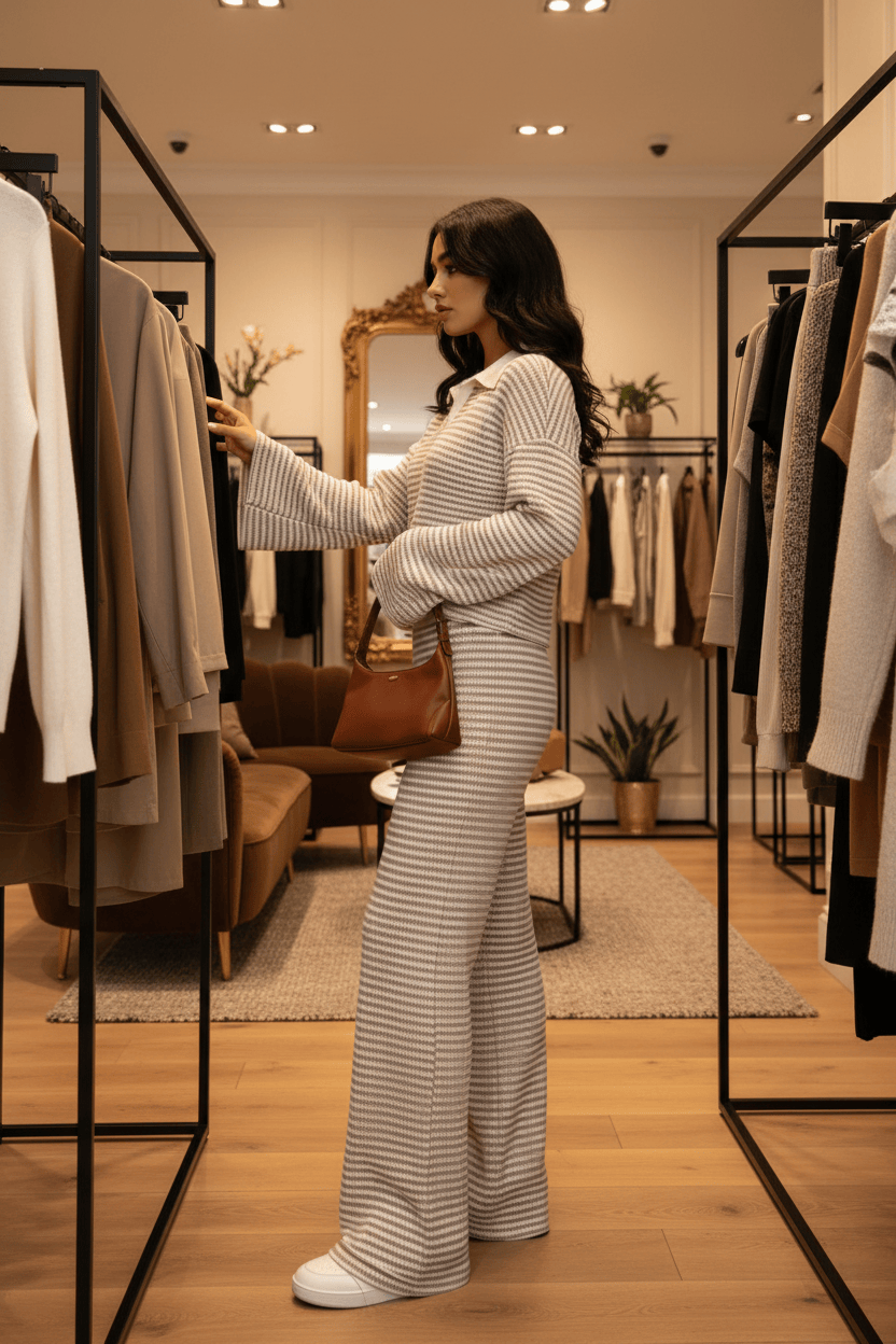 Striped Long Sleeve Polo and Wide-Leg Pants Set Striped Long Sleeve Polo and Wide-Leg Pants Set