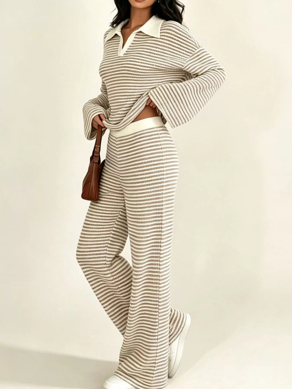 Striped Long Sleeve Polo and Wide-Leg Pants Set Striped Long Sleeve Polo and Wide-Leg Pants Set