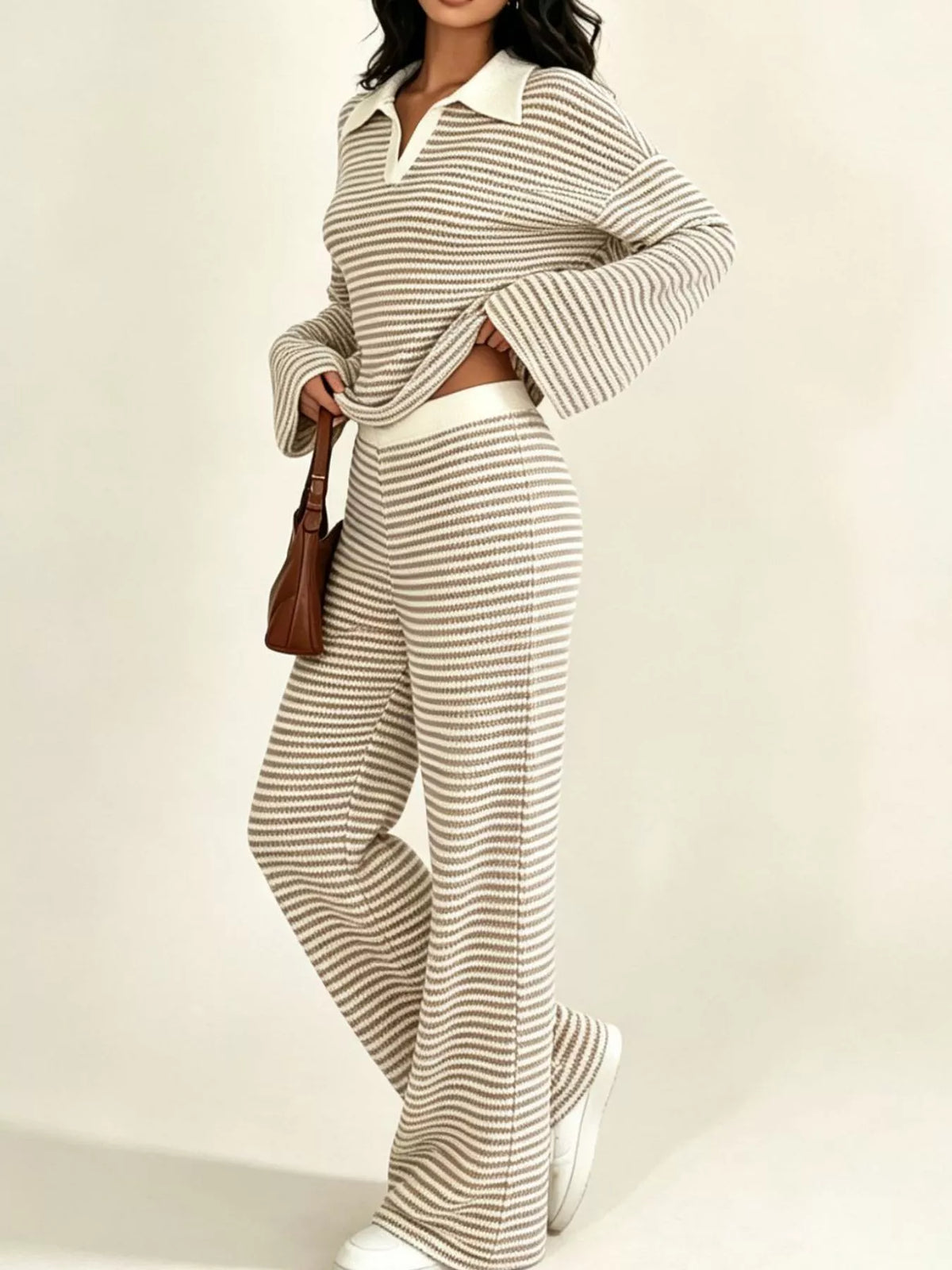 Striped Long Sleeve Polo and Wide-Leg Pants Set Striped Long Sleeve Polo and Wide-Leg Pants Set