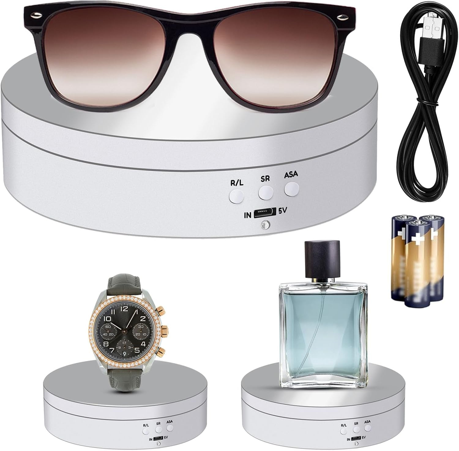 360° Rotating Display Stand- Mirror White Platform- Motorized