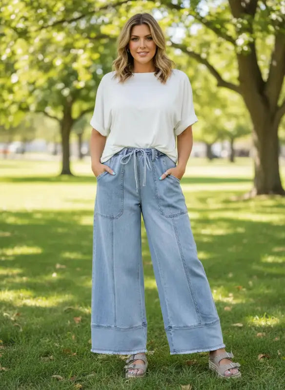 Wide Leg Drawstring Raw Hem Jeans - Dazzle in Every Detail Trendsi