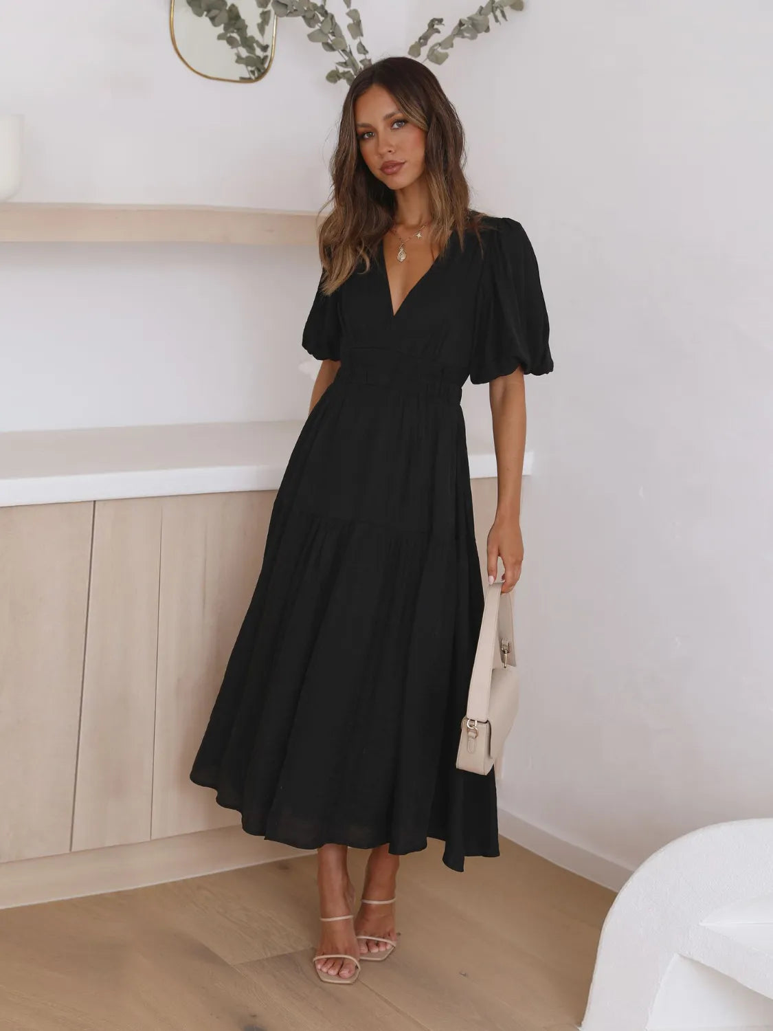 Tiered Surplice Half Sleeve Midi Dress