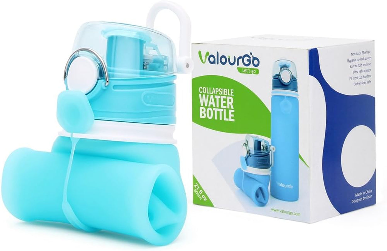 Collapsible Silicone Water Bottle - Leakproof & BPA-Free - 21 oz, Aqua Blue