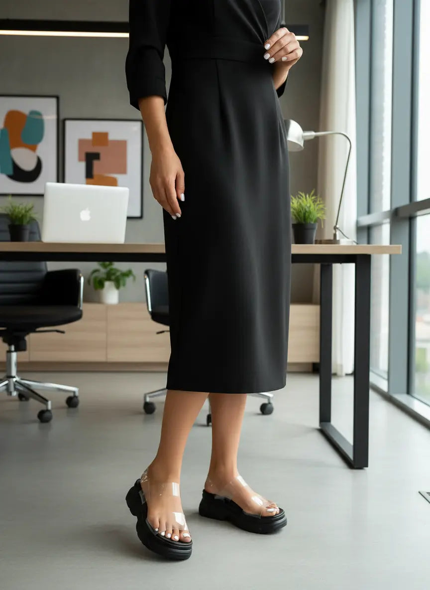 Person wearing a black outfit in an office setting